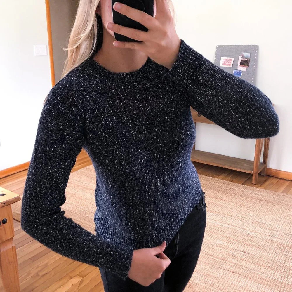 Samuji 100% Cotton Navy Classic Tight Knit Crew Neck Sheer Long Sleeve Sweater S